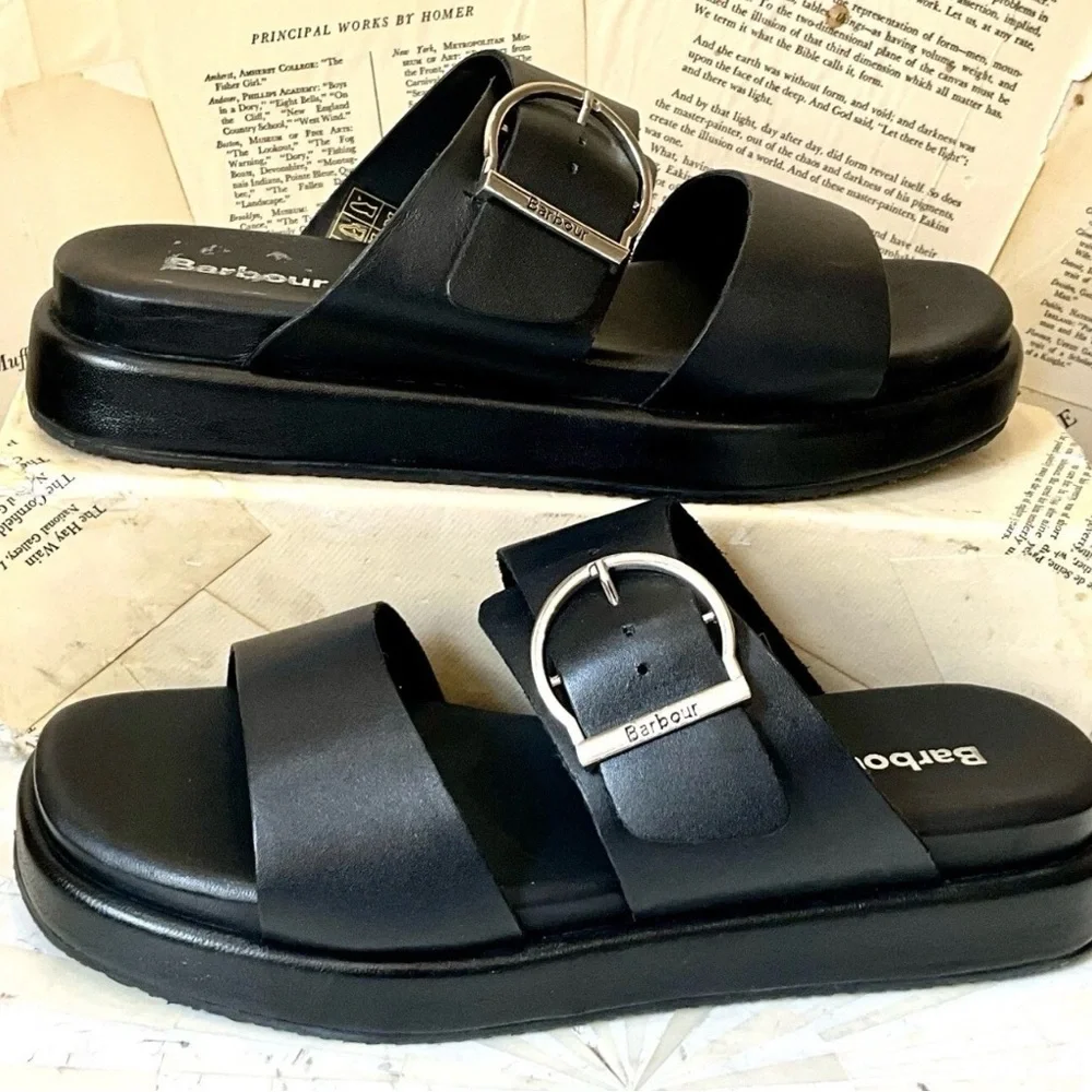 Free People Barbour Adele Sandals Black Platform Slip On Buckle Black - Picture 9 of 10